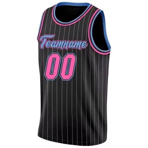 Maillot de basketball personnalisé noir à rayures fines, bordure rose et bleue, imprimé par transfert thermique sur le devant, débardeur unisexe adulte durable et respirant - Product Image 2