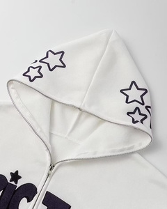 Wholesale Men <b>Zip</b>-<b>Up</b> Hoodie <b>White</b> Cotton Fleece Unisex Casual Hooded Sweatshirt with Star Print Front Logo Autumn Wear - Product Image 3