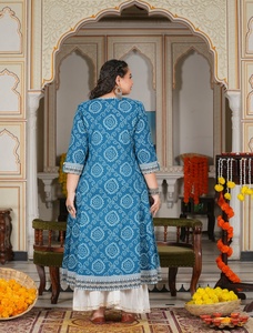 <b>Plus</b> <b>Size</b> Cotton Anarkali Kurti Blue Women's Bandhej Printed Round Neck Three Quarter Sleeves Comfortable Daily Wear - Product Image 2