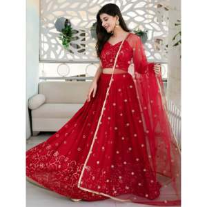 Robe de soirée en georgette brodée rouge, style lehenga choli - Product Image 6