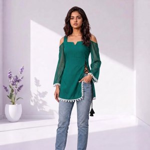 Premium Soft Georgette Off Shoulder Short Kurti With Pompom <b>Lace</b> Tassel Tie <b>Rope</b> Straight Cut Casual Party Wear Top - Product Image 2