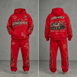Ensemble de survêtement de course rouge pour homme, sweat à capuche et pantalon de jogging, motif flamme, streetwear, sport automobile, deux pièces assorties, personnalisable OEM - Product Image 4