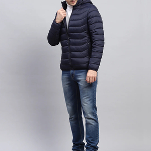 Custom Logo Hooded Bubble <b>Jacket</b> for Men 2025 Plain <b>Navy</b> Color Polyester Fabric Solid Pattern <b>Padded</b> Puffer for Winter Season - Product Image 2