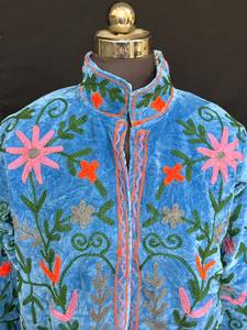Stunning Royal Blue Velvet Hand Embroidered Floral Suzani Coat Ethnic Kashmiri Winter <b>Cardigan</b> Jacket <b>Women</b> Outerwear - Product Image 3