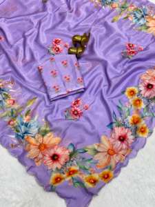 Sari en soie chinon douce à motifs floraux avec de magnifiques broderies et bordures ajourées, idéal pour les fêtes, infroissable, séchage rapide, décontracté - Product Image 2