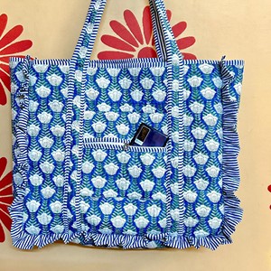 Bolsa de Mano Textil con Estampado Floral Azul, Tamaño Grande, Cierre de Cremallera, Asa Larga, Bolsa de Compras para Uso Diario - Product Image 3