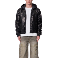 Veste d'hiver pour homme en cuir véritable noir, style streetwear, coupe oversize, à capuche, fermeture éclair frontale, poignets et ourlet côtelés, mode personnalisée haut de gamme