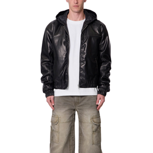 Chaqueta Oversize de Cuero Genuino Negro para Hombre con Capucha, Estilo Urbano, Cierre Frontal con Cremallera, Puños y Dobladillo Acanalados, Prenda de Moda Premium Personalizada para Invierno - Product Image 1