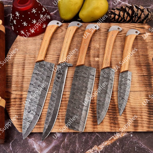 Juego de Cuchillos de Cocina de Acero de Damasco con Hoja Forjada de Espiga Completa, OEM ODM, Venta al por Mayor, con Funda de Cuero Ecológica y Mango de Madera de Olivo, Afilados como una Navaja - Product Image 4