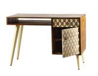 Bureau d'écriture en bois massif de style moderne du milieu du siècle, avec tiroir sculpté en 3D et pieds en métal.