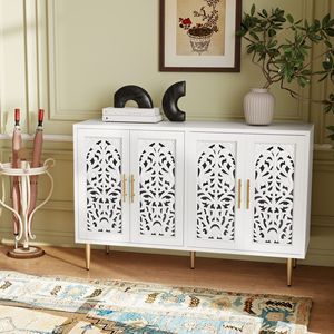 Buffet vintage en bois sculpté de 47,8 pouces, 4 portes, avec rangement, pour salon et salle à manger - Product Image 3