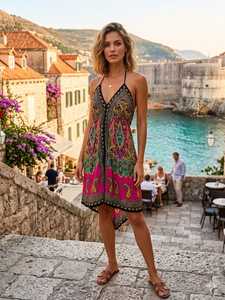 Robe mini bohème sans manches à col halter avec imprimé cachemire, ourlet asymétrique, coupe ample, robe d'été décontractée en mousseline à nouer - Product Image 3