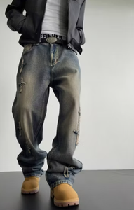 Jean Harem en Denim pour Homme Coupe Ample Taille Mi-Haute Décoration Rivets Coton Tissé Délavé Style Hip Hop Automne - Product Image 2