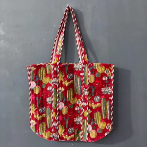 กระเป๋าโท้ทผ้าฝ้ายลายควิลท์พร้อมสายสะพายไหล่ ลายป่าสไตล์โบโฮ ความจุ 1-1.9 ลิตร - Product Image 4