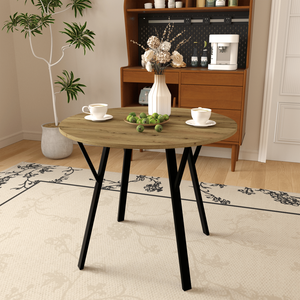 Modern 35.43 Inch <b>Round</b> Dining <b>Table</b> <b>Small</b> Kitchen <b>Table</b> with Metal Black Legs for 2-4 People Brown Finish for the Dining Room - Product Image 3