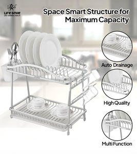 LIFE SMILE Double Tier Dish and Bowl Drying Rack Kitchen <b>Plate</b> Organizer High Quality Aluminum Modern Luxury Easy Assembly - Product Image 2