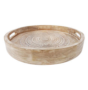 Hand Carved Mango Wood <b>Round</b> <b>Tray</b> White Wash Finish with Handles Hot Selling Decorative Serving <b>Tray</b> for Hotel & Restaurant Use - Product Image 3