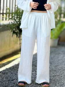 Pantalon large en gaze de coton vert clair pour femme, taille élastique, coupe décontractée, respirant, été, ODM avec poches - Product Image 2