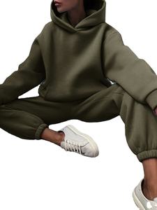 Pantalon à capuche pleine longueur de couleur unie pour femmes, ensemble de survêtement 100% coton à taille élastique, grande taille, vente en gros - Product Image 5