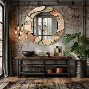 Miroir mural rond en bois naturel fait main avec incrustation d'os, style moderne du milieu du siècle, cadre en verre de REHMAN CRAFT - Product Image 4