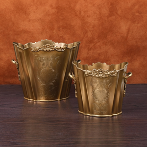 Ornate Antique <b>Gold</b> Metal <b>Ice</b> <b>Buckets</b> Feature Intricate Floral Reliefs Scalloped Edges Engraved Patterns And Dual Side Handles - Product Image 1