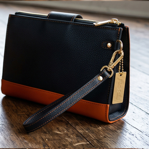 Pochette en cuir mini Regal Three LLC, orange et noir, style vintage, fermeture éclair, sac à main en cuir pour femme - Product Image 3
