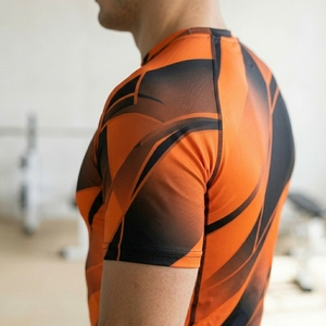 Men's Orange Black Solid Jersey Compression Shirt Short Sleeve Quick Dry Sporty Workout Top Slim Fit O-Neck - Product Image 6