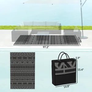 Tapis d'extérieur réversible géométrique noir et gris en paille plastique imperméable avec sac de transport 6 x 9 - Product Image 5