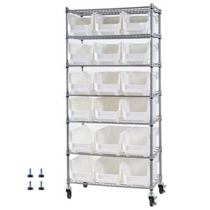 Scaffale Portaoggetti a 7 Ripiani con 18 Contenitori, Sistema di Scaffalature in Filo d'Acciaio con Ruote Mobili per Organizzazione Attrezzi - Product Image 1