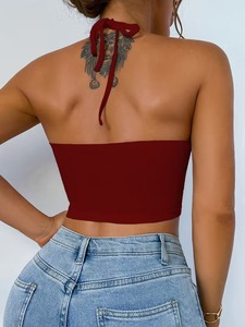 Halter Neck Keyhole Cutout Athletic Sports Bra Ribbed Seamless Fitted <b>Crop</b> <b>Top</b> Running Activewear Yoga Tank <b>Top</b> - Product Image 5