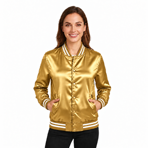 Chaqueta Varsity Dorada de Satén para Mujer, Manga Larga, Cuello Camisero, Ribete en Contraste, Corte Regular, Ropa de Invierno, Transpirable, Resistente al Viento, 100% - Product Image 2
