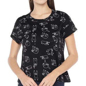 เสื้อยืดคอกลมแขนสั้นสีดำสำหรับผู้หญิง ทรงปกติ ผ้าฝ้าย 100% พิมพ์ลายการ์ตูนสลอธ สวมใส่สบายทุกฤดู ผ้าเจอร์ซีย์ถัก - Product Image 5