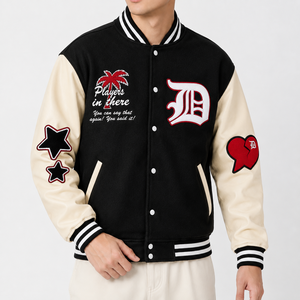 SINEWY SPORTS <b>Men's</b> Varsity <b>Jacket</b> Black Beige Embroidered <b>Letter</b> D Palm Tree Stars Heart Patch Casual Streetwear Outerwear - Product Image 3