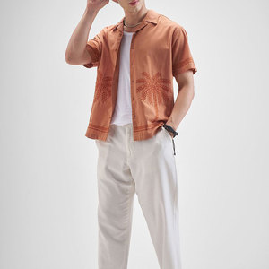 Camisa de Manga Corta para Hombre con Bordado de Palmera, Color Naranja, Cuello Camisero, Estilo Casual de Verano, 100% Algodón Popelina Transpirable - Product Image 5