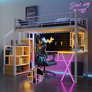 Twin Size Metal Loft <b>Bed</b> with <b>LED</b> White Work Station Built-In Wardrobe and Storage Staircase Kids' Furniture Set - Product Image 1