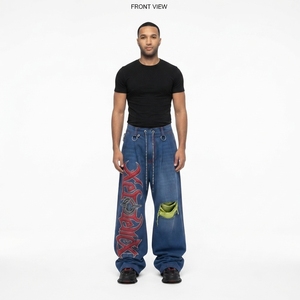 Wholesale Baggy <b>Men</b> Cargo Pants 480GSM Cotton Canvas <b>Wide</b> <b>Leg</b> Streetwear Silk Lined Distressed Zipper <b>Trousers</b> OEM Manufacturer - Product Image 1