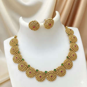 ชุดเครื่องประดับโบราณชุบทองด้านแบบดั้งเดิม สร้อยคอลายดอกไม้พร้อมต่างหู เครื่องประดับเจ้าสาวอินเดียสำหรับงานแต่งงาน - Product Image 5