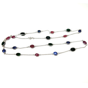 Collier en pierres précieuses multicolores naturelles, argent sterling 925, chaîne longue de 30 pouces, fait main, vert, rouge, bleu, style bohème, certifié - Product Image 5