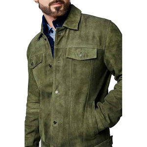 <b>Men's</b> <b>Suede</b> Leather <b>Jacket</b> Green Stand Collar Solid Thick Workwear Style Zipper Closure Autumn Casual Outerwear - Product Image 5