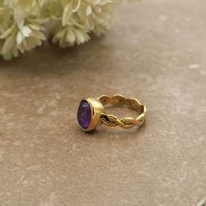 Vintage Oval Amethyst Brass <b>Ring</b> 14K Gold Plated Scalloped Infinity Band Boho Statement Unisex Jewelry - Product Image 3