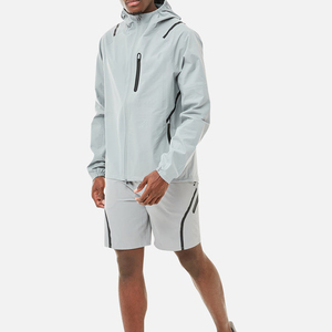 <b>Men's</b> Light Gray Eco-friendly Knitted Hooded Windbreaker <b>Jacket</b> with Shorts Set Quick Dry Sporty Winter Outfit - Product Image 2