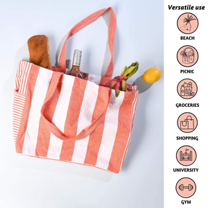 Wholesale Custom Logo Red Stripe Cotton Canvas Beach <b>Bag</b> Eco Friendly Large Capacity Summer Shopping <b>Tote</b> <b>Bag</b> Rope Handle - Product Image 3