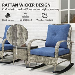 Set di Mobili da Giardino in Vimini, 3 Sedie a Dondolo in Rattan PE con Tavolino e Cuscini, Colore Grigio - Product Image 5