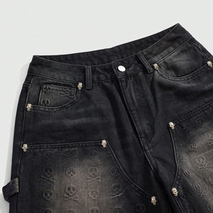 Shorts en jean personnalisés Up Felt avec motif tête de mort en relief, style streetwear vintage, 100% coton, coupe ample, unisexe - Product Image 3