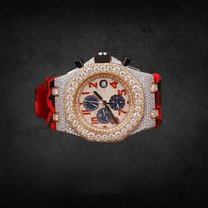 Two Tone Luxury Men's Stainless Steel Wrist <b>Watch</b> Half Iced Moissanite <b>Diamond</b> Red Black Rubber Strap Analog Date Fully - Product Image 1