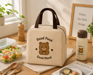 Sac à déjeuner en toile imprimé ours Good Food Good Mood, fermeture éclair isolée, 8x7,5x4,5 pouces, beige - Product Image 1
