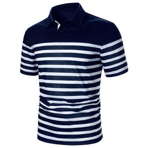 เสื้อโปโลชายลายทาง แขนสั้น สไตล์ลำลอง สีน้ำเงินกรมท่า-ขาว ลายทางแนวนอน เสื้อกอล์ฟ ขายส่งจากโรงงานผลิตเสื้อผ้า - Product Image 4
