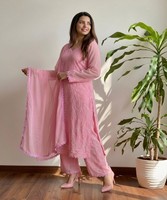 Conjunto de Salwar Kameez de Algodón Rosa con Bordado, Ropa Étnica Tradicional para Mujer, Corte Holgado, Largo hasta el Tobillo, Estilo Casual 84783