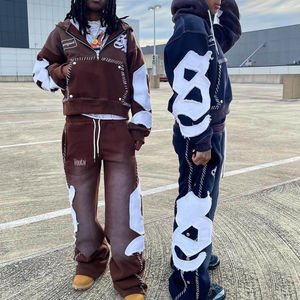2026 Chándal de invierno vintage personalizado con bordado inverso y media cremallera, estilo streetwear, y pantalones de chándal acampanados con lavado ácido y efecto desgastado - Product Image 2