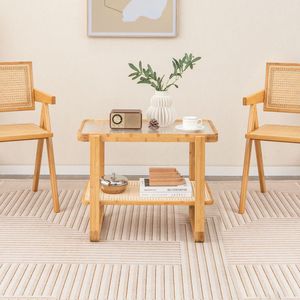 Tavolino da Caffè in Bambù a 2 Ripiani con Piano in Vetro Resistente, Elegante Tavolino Laterale per Soggiorno e Patio - Product Image 2